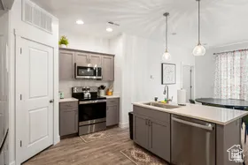 Kitchen with stainless steel appliances, light countertops, dark wood finished floors, and hanging light fixtures