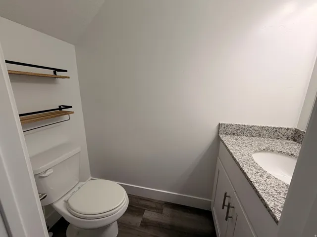 Half bath with vanity, dark wood-style floors, and vaulted ceiling
