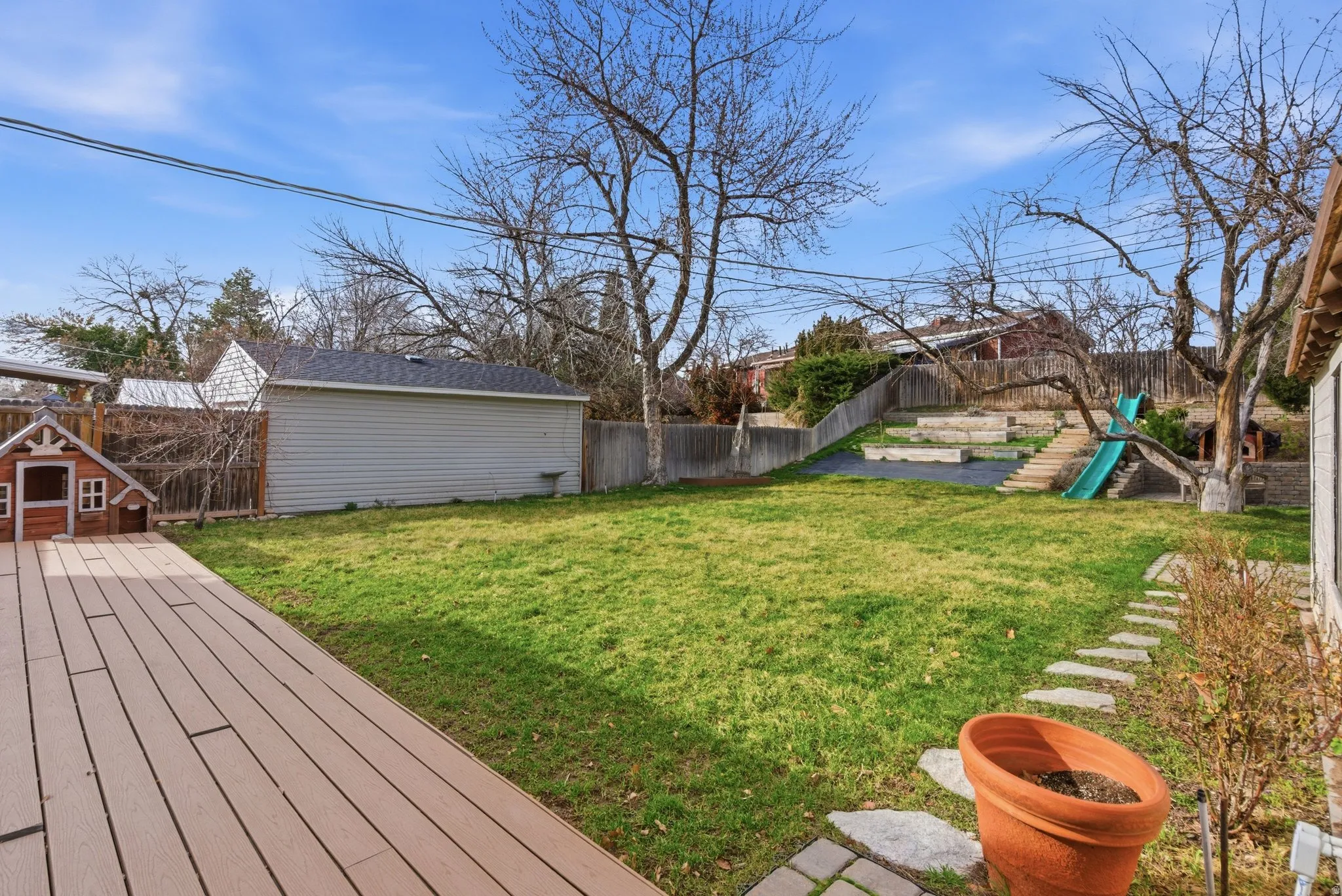 Fenced backyard with a wooden deck and a playground