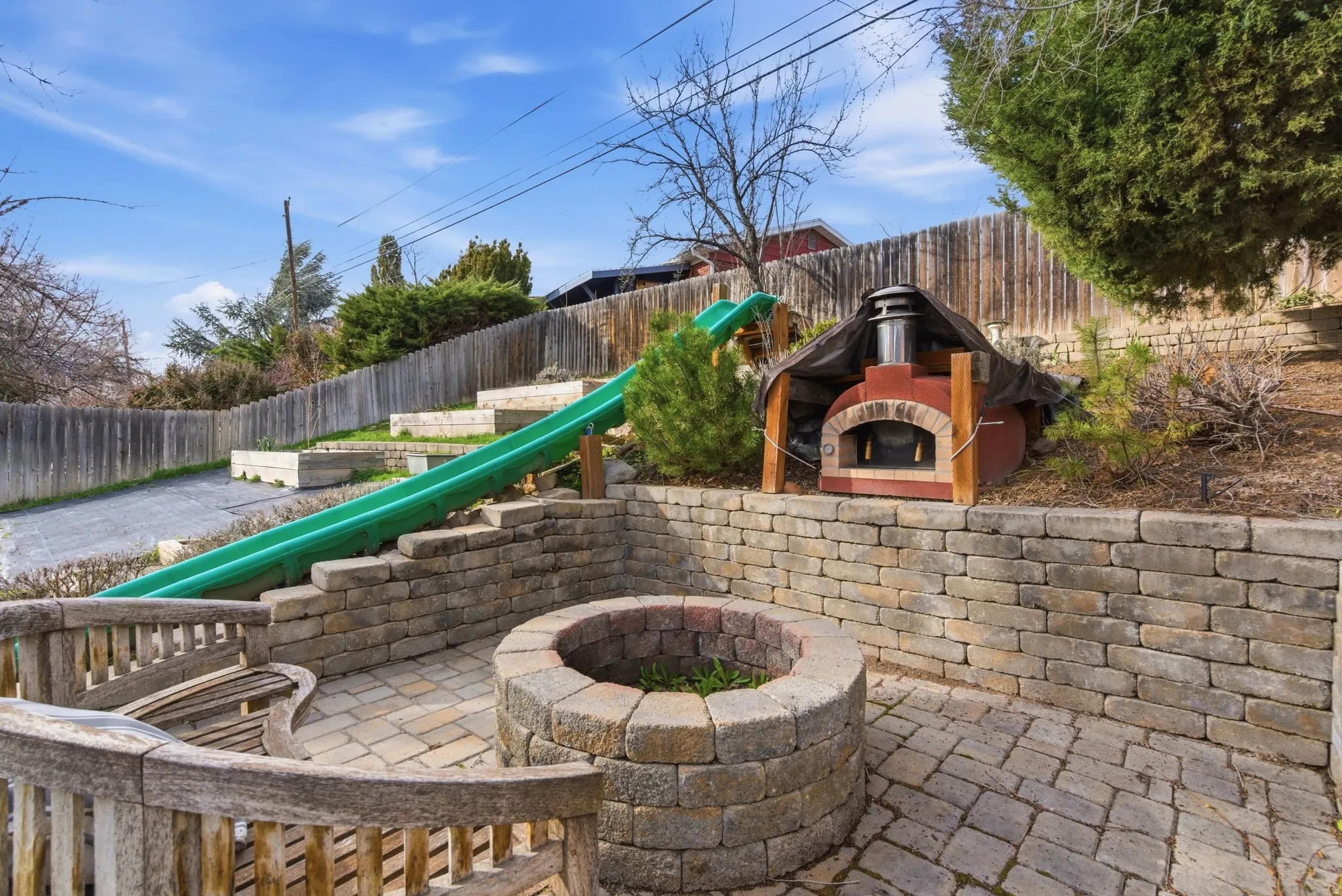 Fenced backyard with a fire pit and a patio