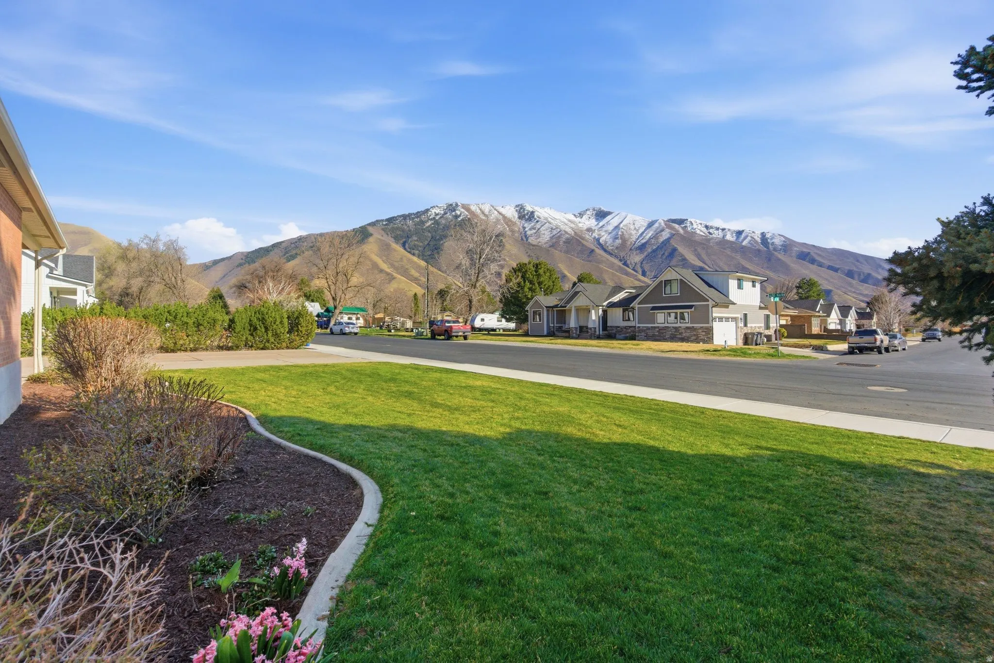 View of grassy yard with a residential view and a mountain view