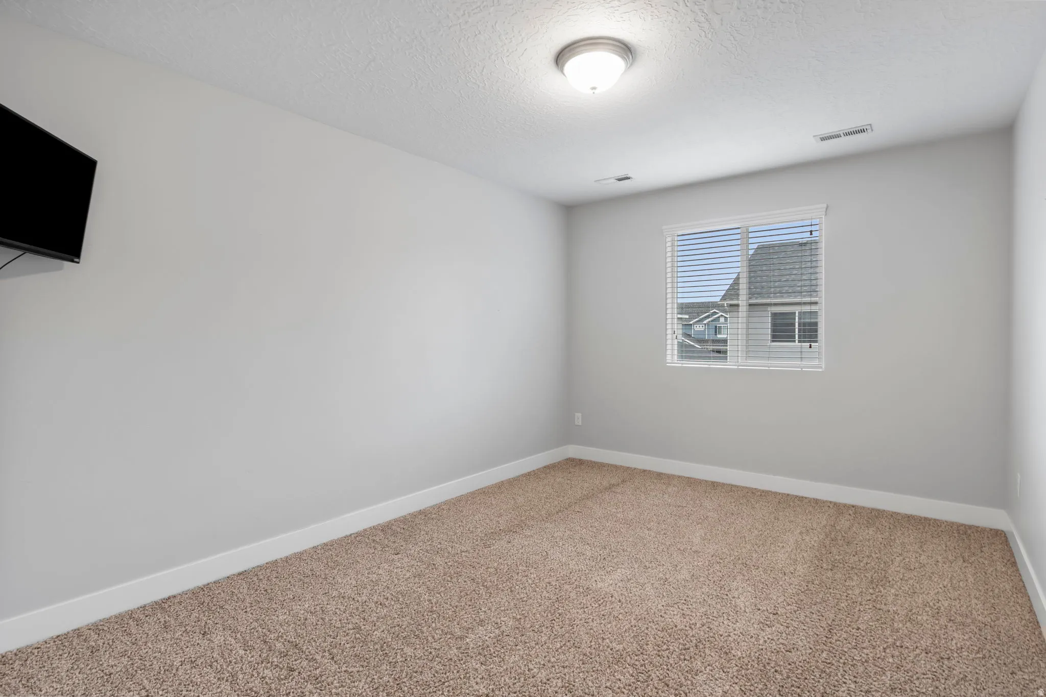 Empty room featuring carpet floors and a textured ceiling, comes with TV and mount