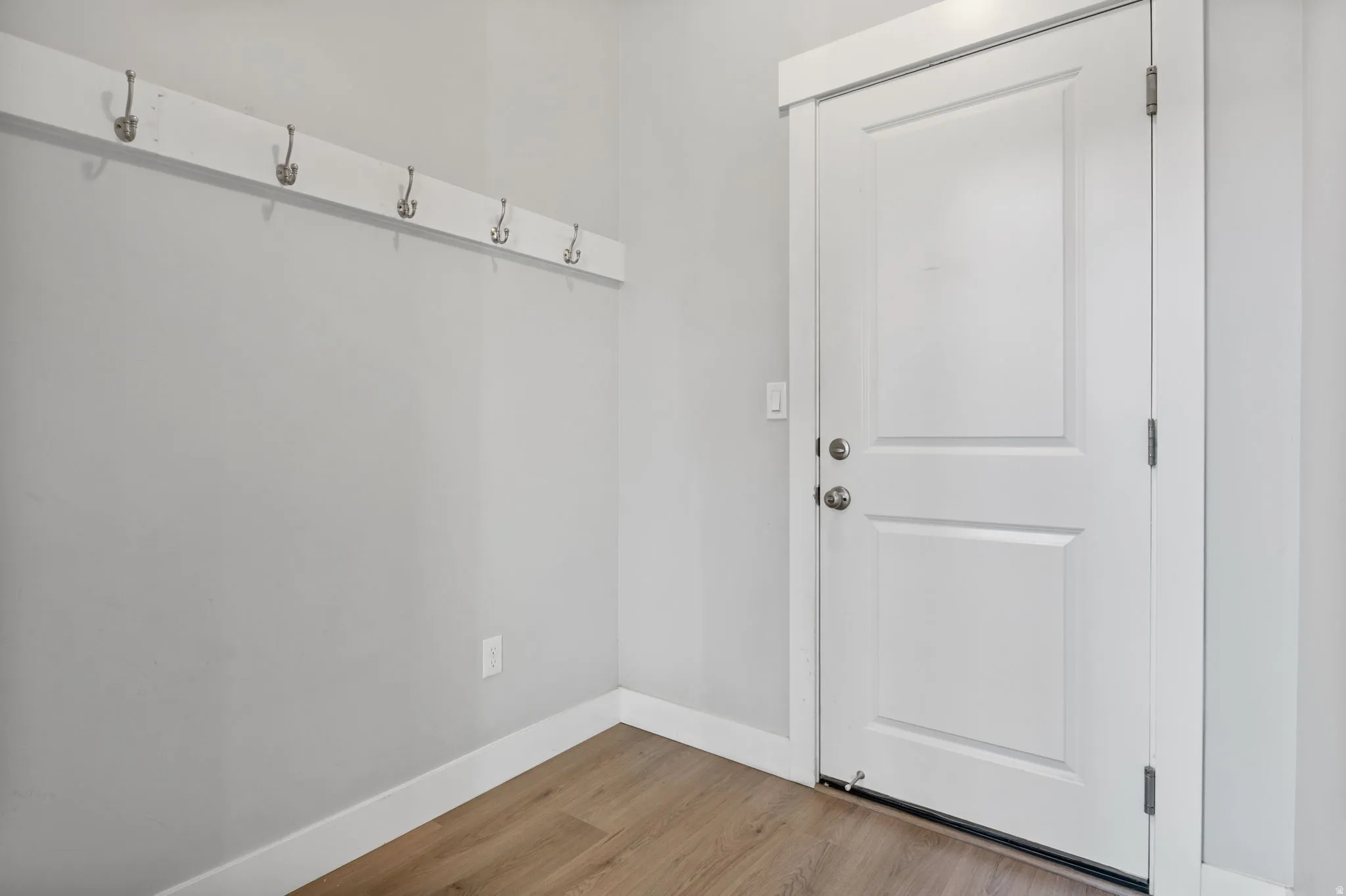 Entryway featuring a paneled door with wood-finish flooring, light gray wall paint, white baseboards, and a built-in coat rack.