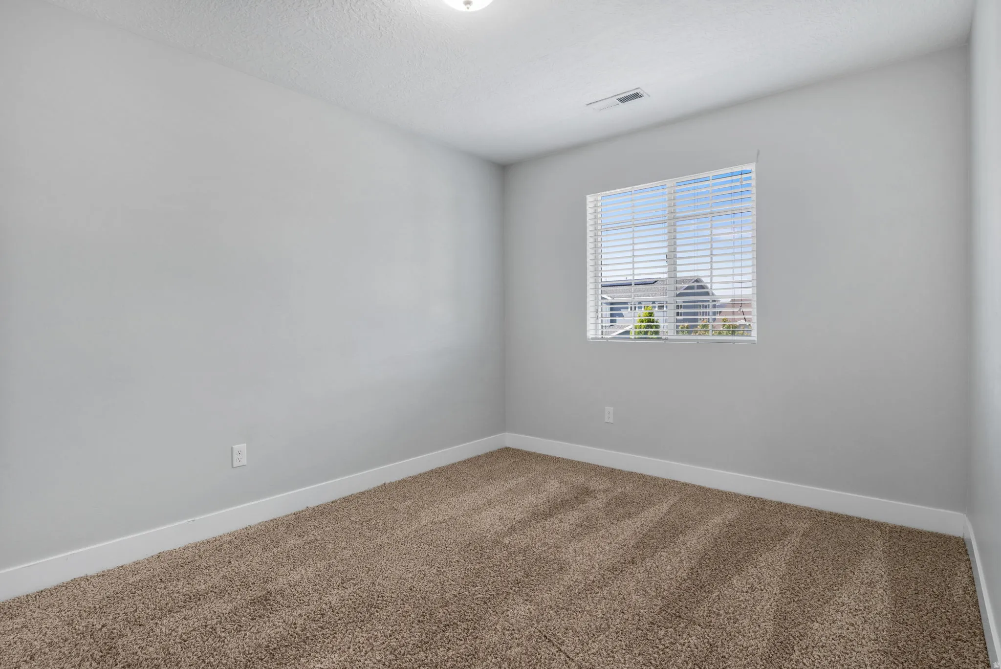 Neutral-toned room featuring a single window with horizontal blinds, light gray walls, brown textured carpeting, and white baseboards
