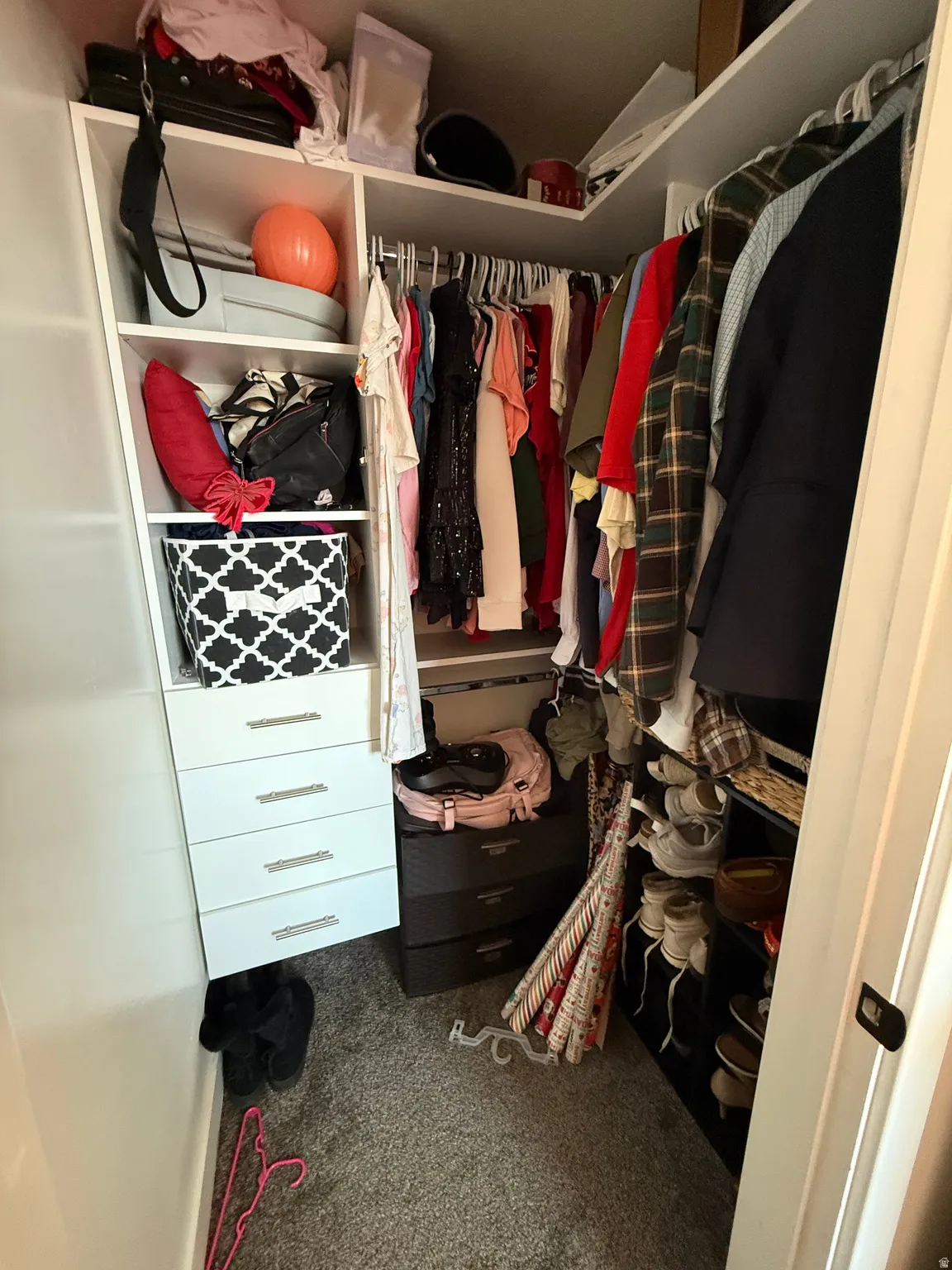 Walk in closet with dark carpet
