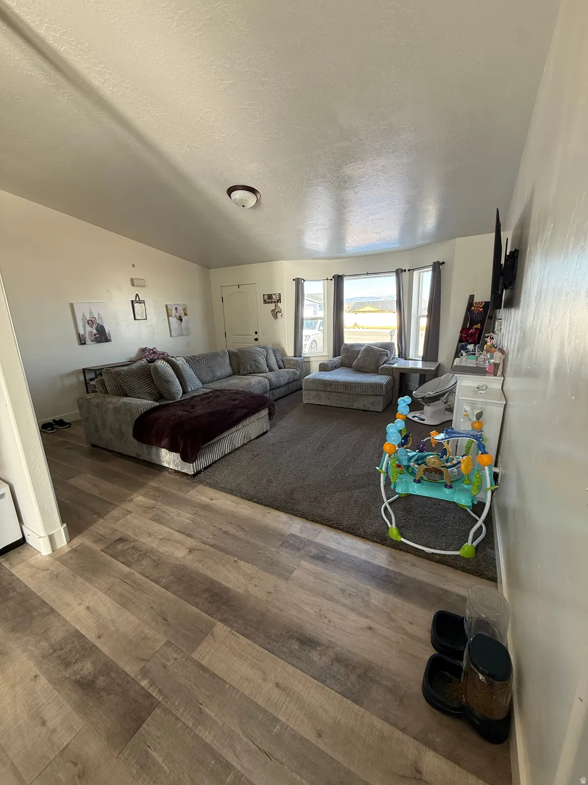 Living area featuring wood finished floors and a textured ceiling