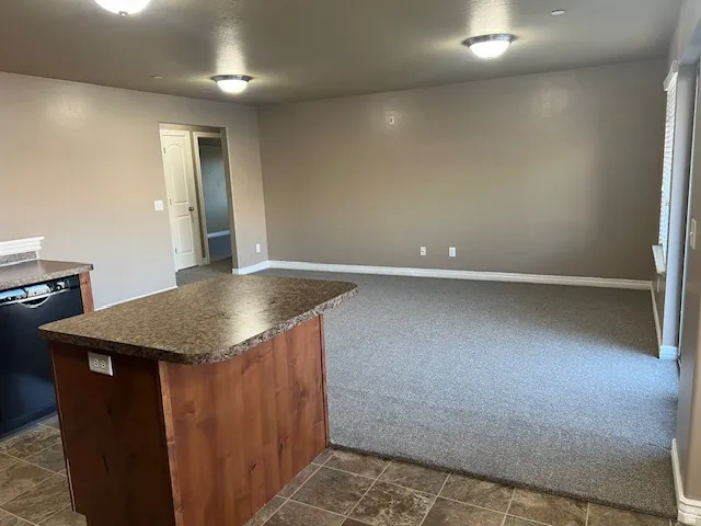 Kitchen featuring dark countertops, black dishwasher, and dark carpet