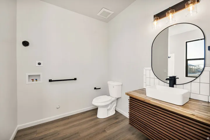 Bathroom featuring vanity and dark wood-style flooring