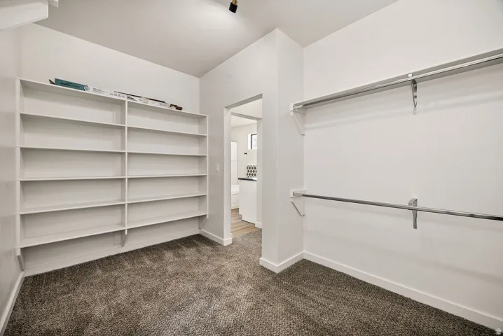 Walk in closet with dark colored carpet