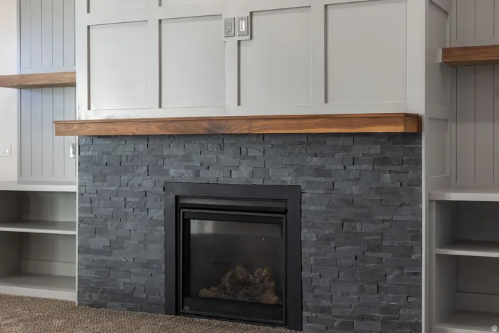 Detailed view of a glass covered fireplace, built in shelves, and carpet flooring