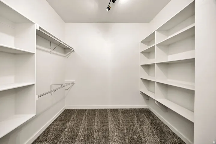 Walk in closet with dark colored carpet
