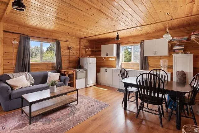 Living area with wood ceiling, light wood finished floors, and wood walls