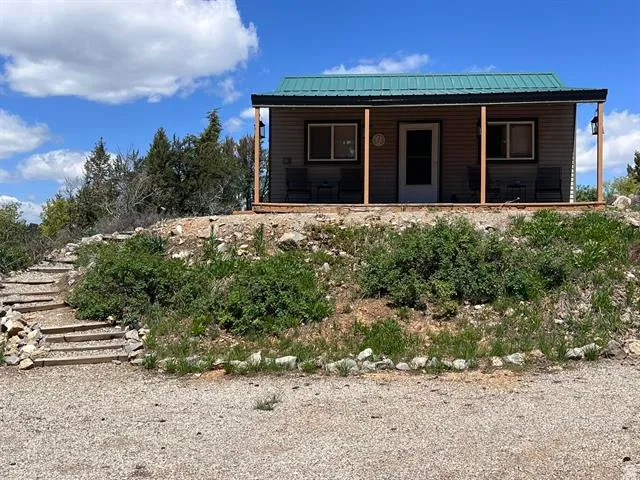View of front of property featuring covered porch and a metal roof