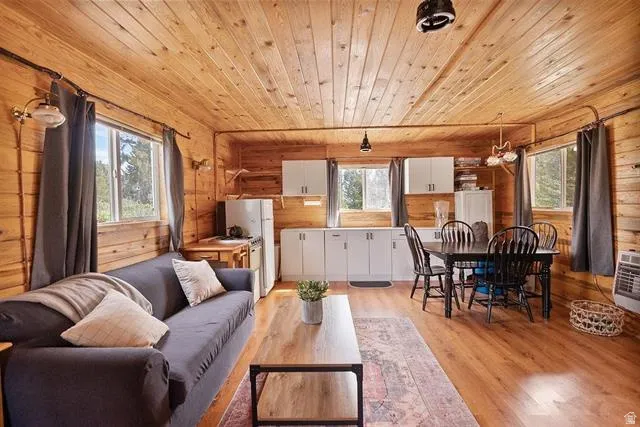 Living area featuring wooden ceiling, heating unit, light wood-style flooring, and wood walls