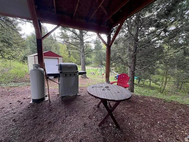 View of patio / terrace with area for grilling and an outbuilding