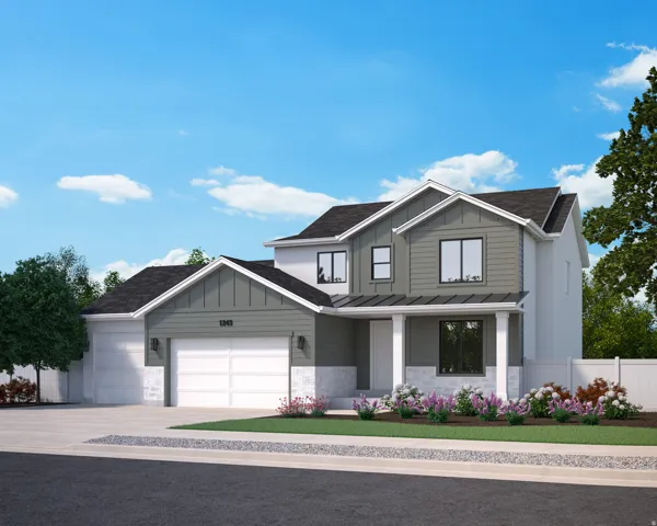 Modern farmhouse style home with board and batten siding, a porch, driveway, and an attached garage