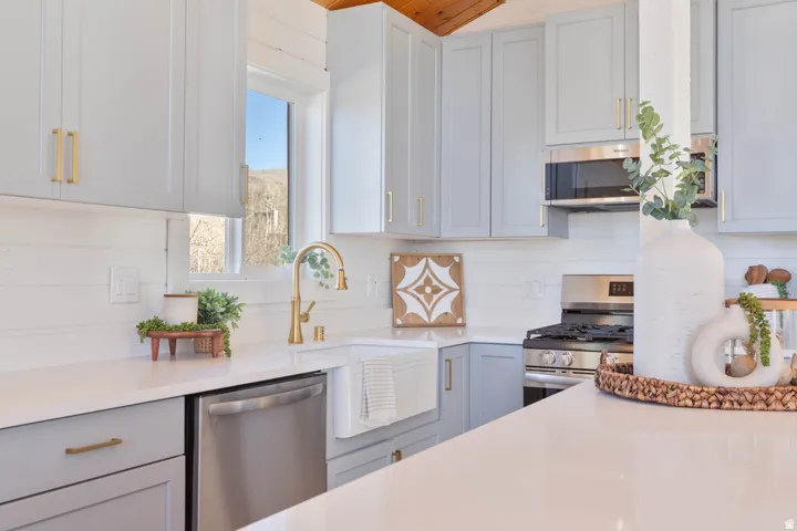 Kitchen with stainless steel appliances, gray cabinets, light stone countertops, and extractor fan