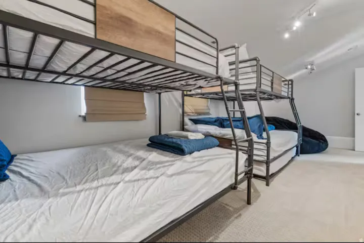 Carpeted bedroom featuring lofted ceiling and rail lighting