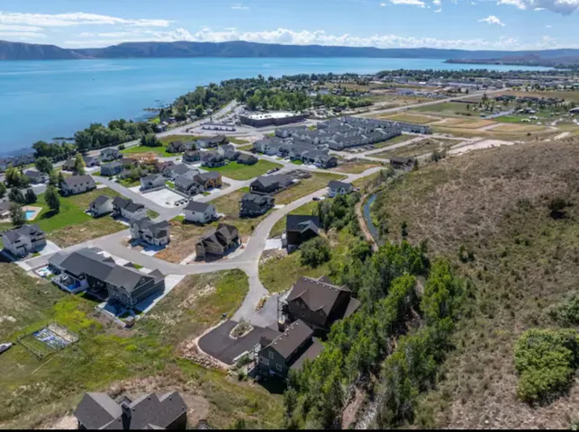 Aerial perspective of suburban area with a water and mountain view