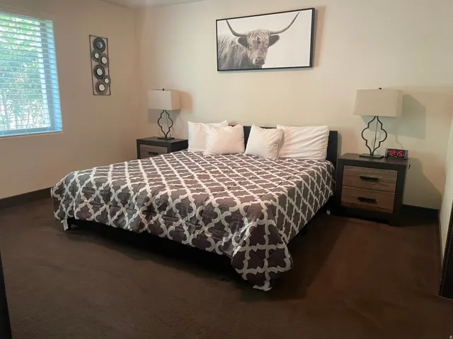 Bedroom with baseboards and dark colored carpet