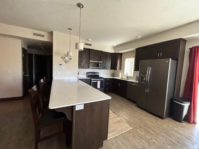 Kitchen featuring a peninsula, stainless steel appliances, dark wood finish cabinetry, a kitchen breakfast bar, and pendant lighting