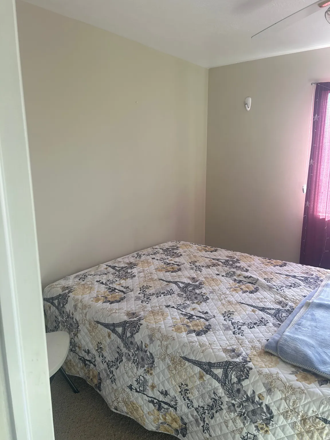 Bedroom with carpet flooring and ceiling fan