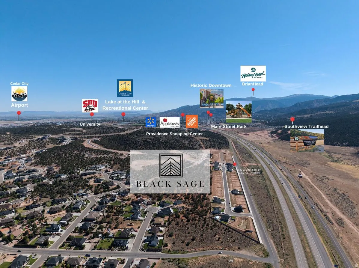 Aerial perspective of the Black Sage development, showcasing its position relative to the highway and surrounding community features