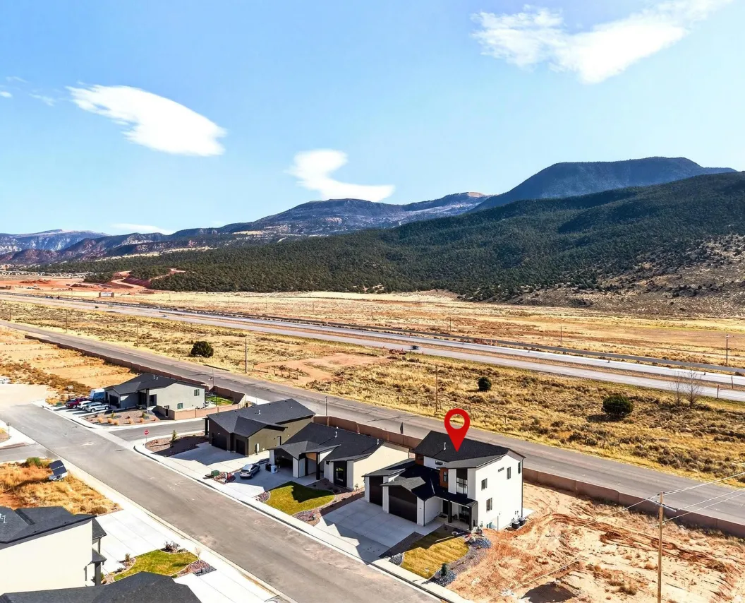 Drone / aerial view of a mountainous background