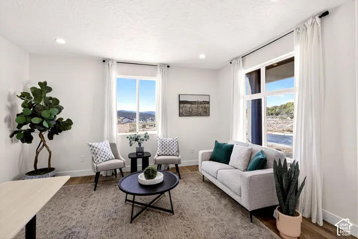 Living area with wood finished floors, recessed lighting, and a mountain view