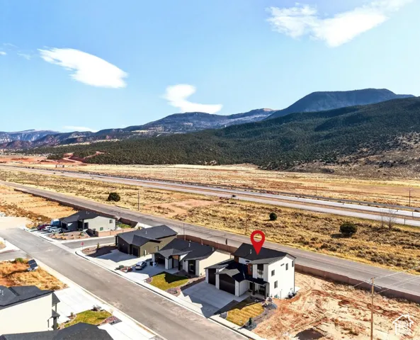 Drone / aerial view of a mountainous background