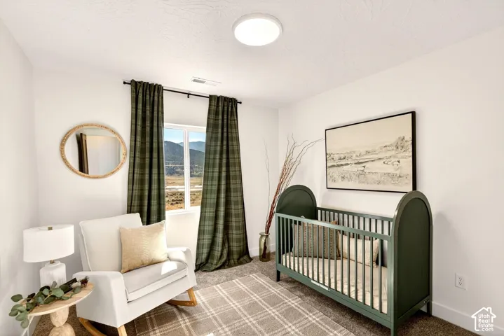 Carpeted bedroom featuring a nursery area and baseboards