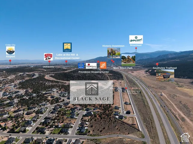 Aerial perspective of the Black Sage development, showcasing its position relative to the highway and surrounding community features