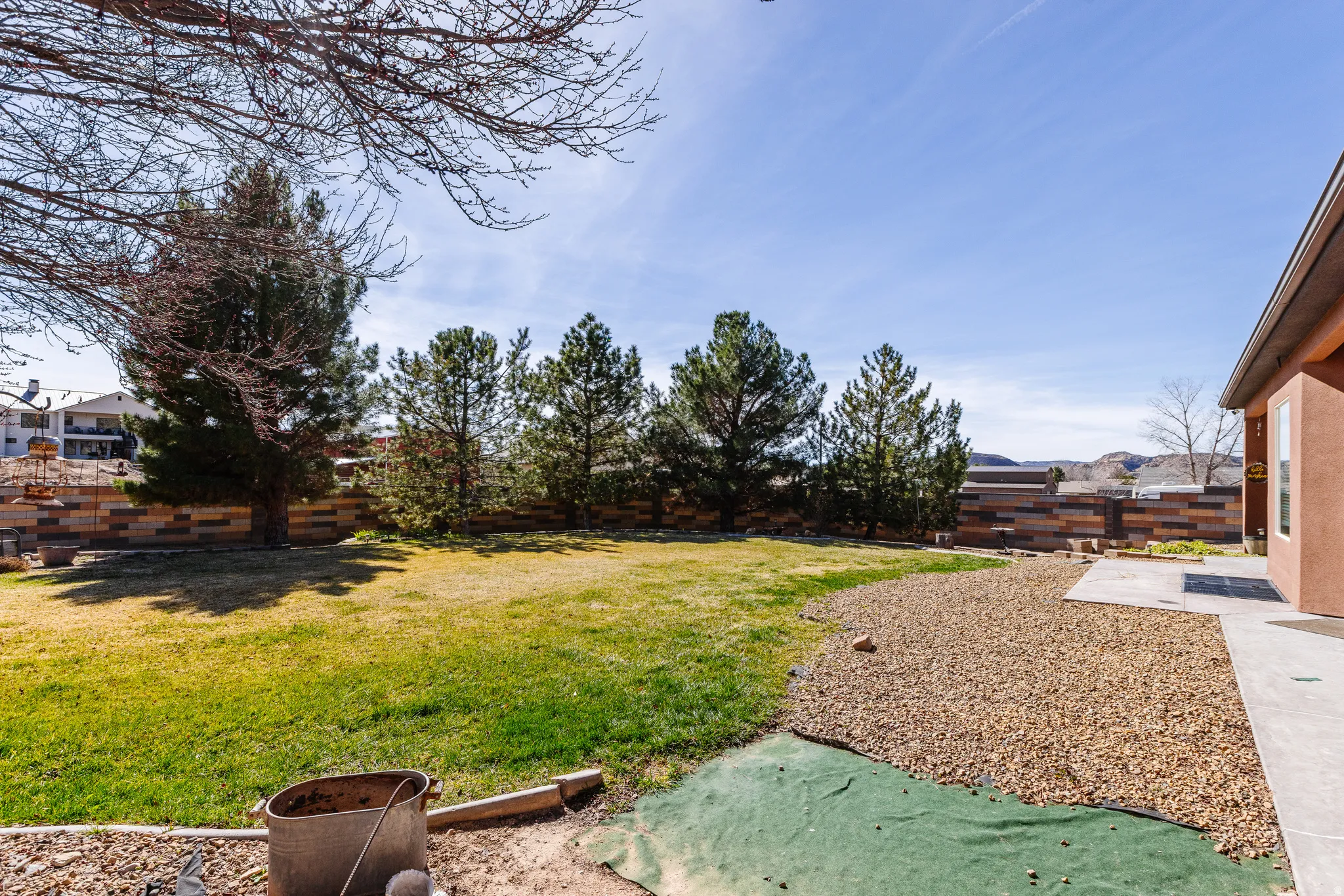 Fenced backyard featuring a patio and a mountain view