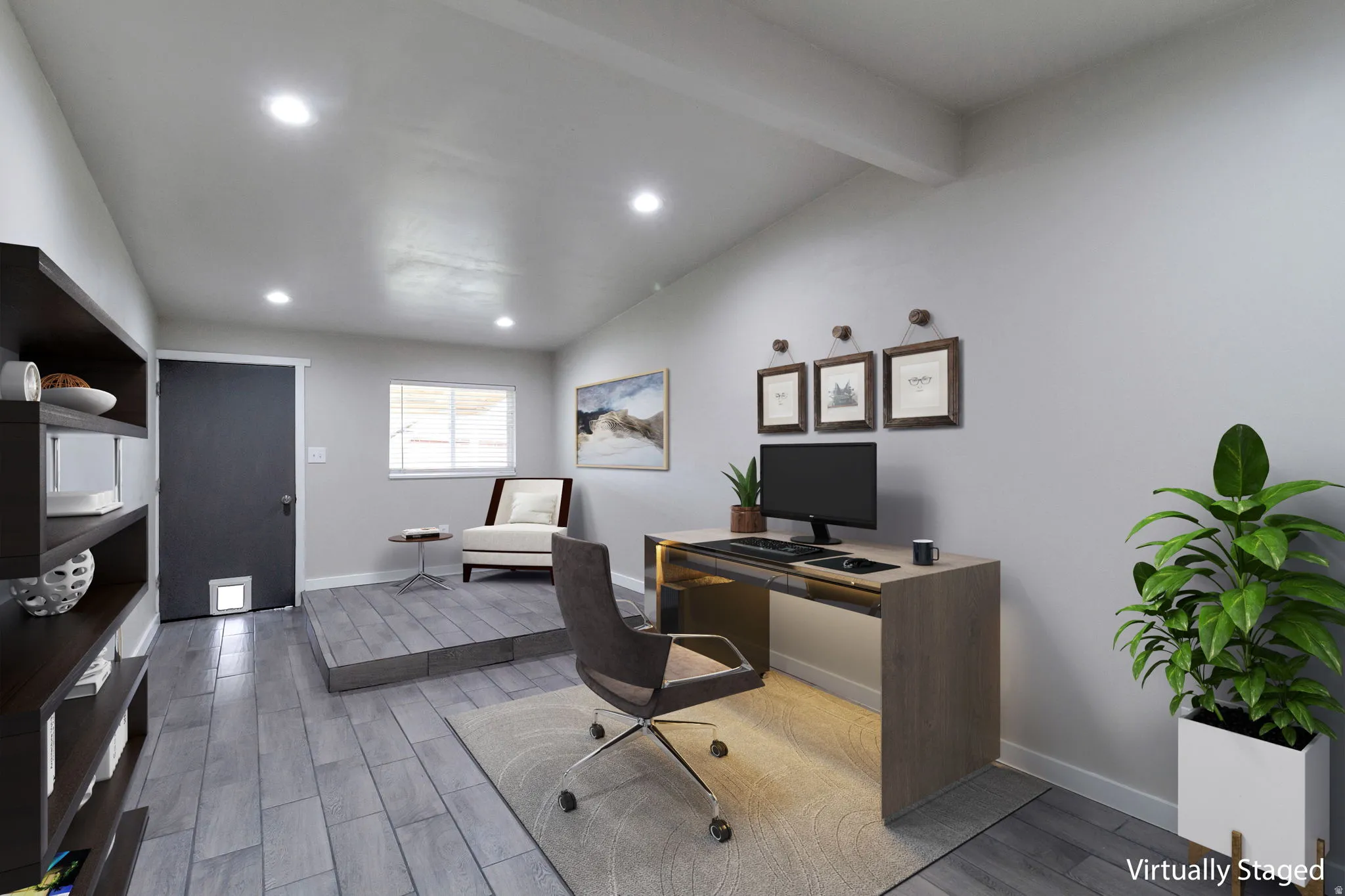 Office area with recessed lighting and lofted ceiling with beams. *This photo is virtually staged*