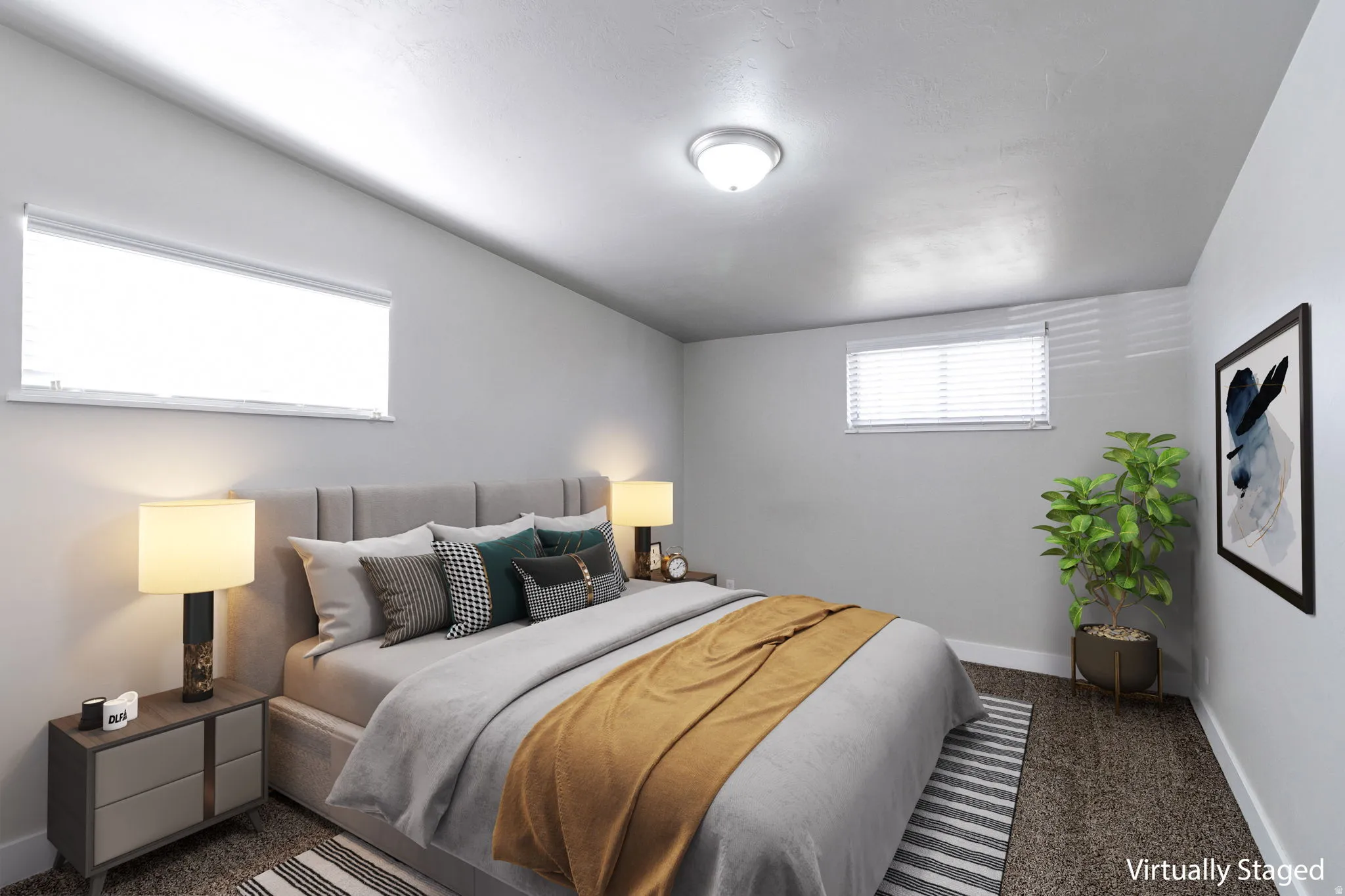 Bedroom featuring dark carpet and baseboards. *This photo is virtually staged*