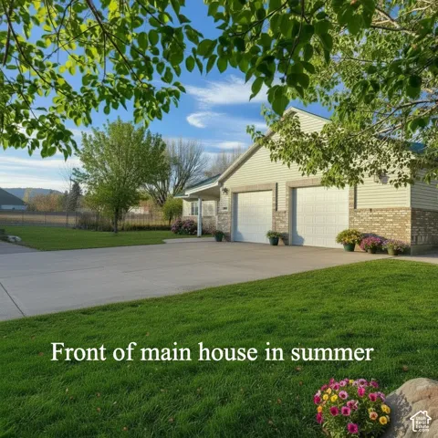 View of front of home featuring brick siding, a front yard, driveway, and an attached garage