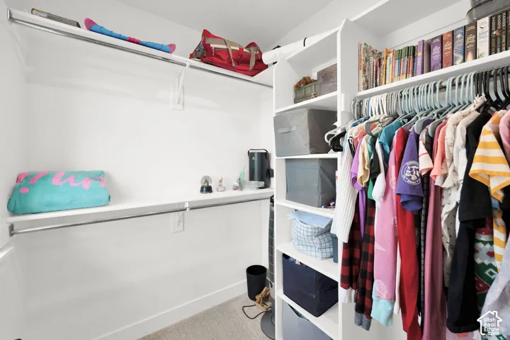 Walk in closet with light carpet