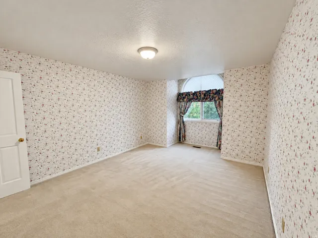 Carpeted room featuring a white interior door, semi-flush mount ceiling light, and an arched window
