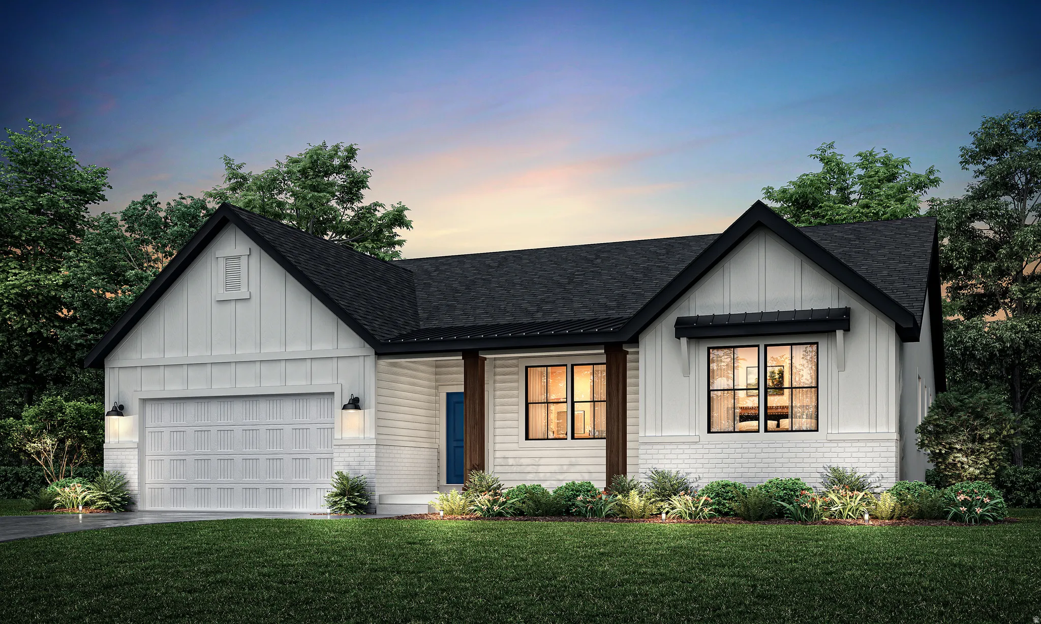 Modern inspired farmhouse with brick siding, board and batten siding, roof with shingles, and a front yard