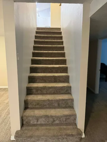Stairway featuring carpet and baseboards