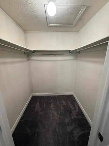 Walk in closet with dark carpet and attic access