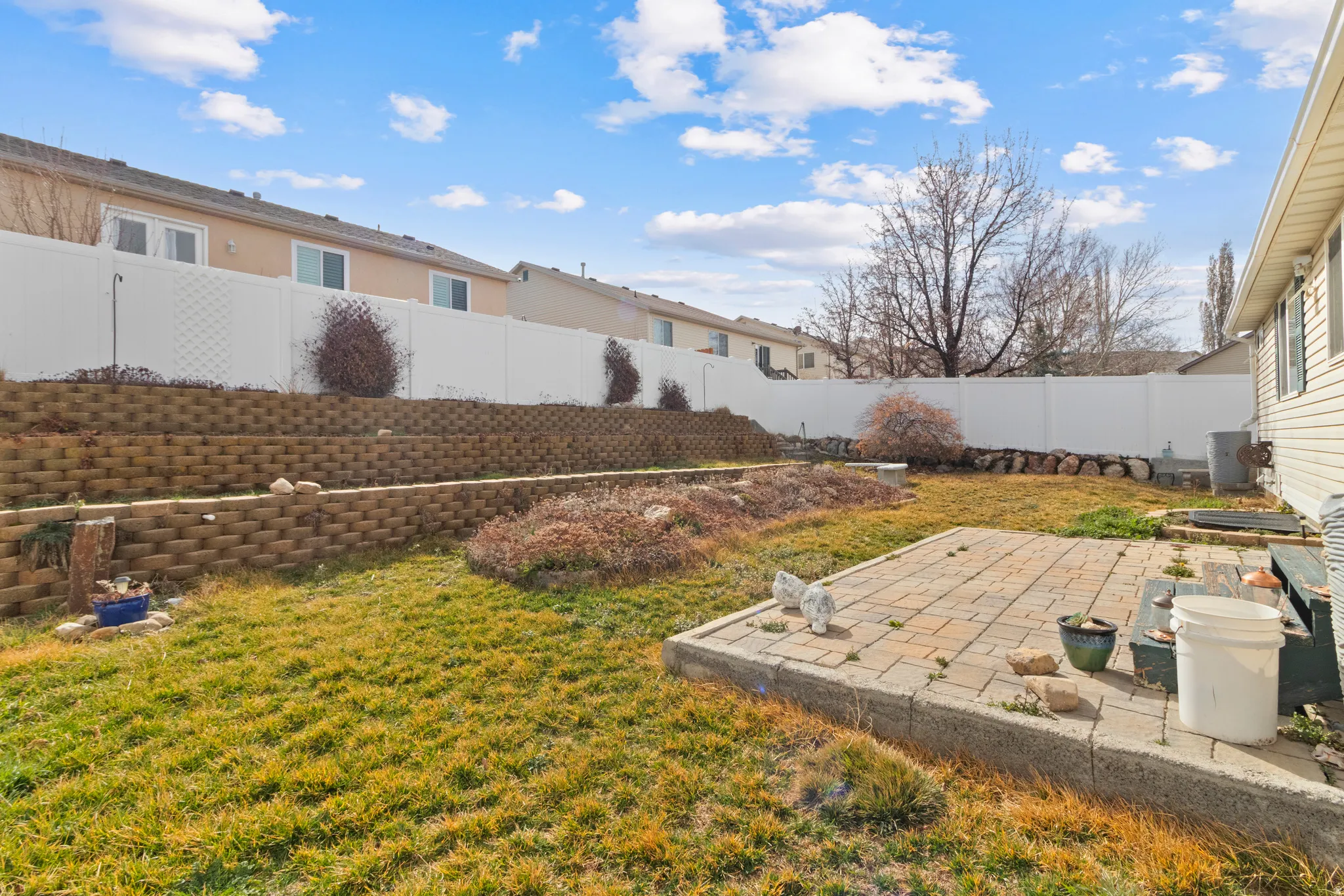 Fenced backyard featuring a patio