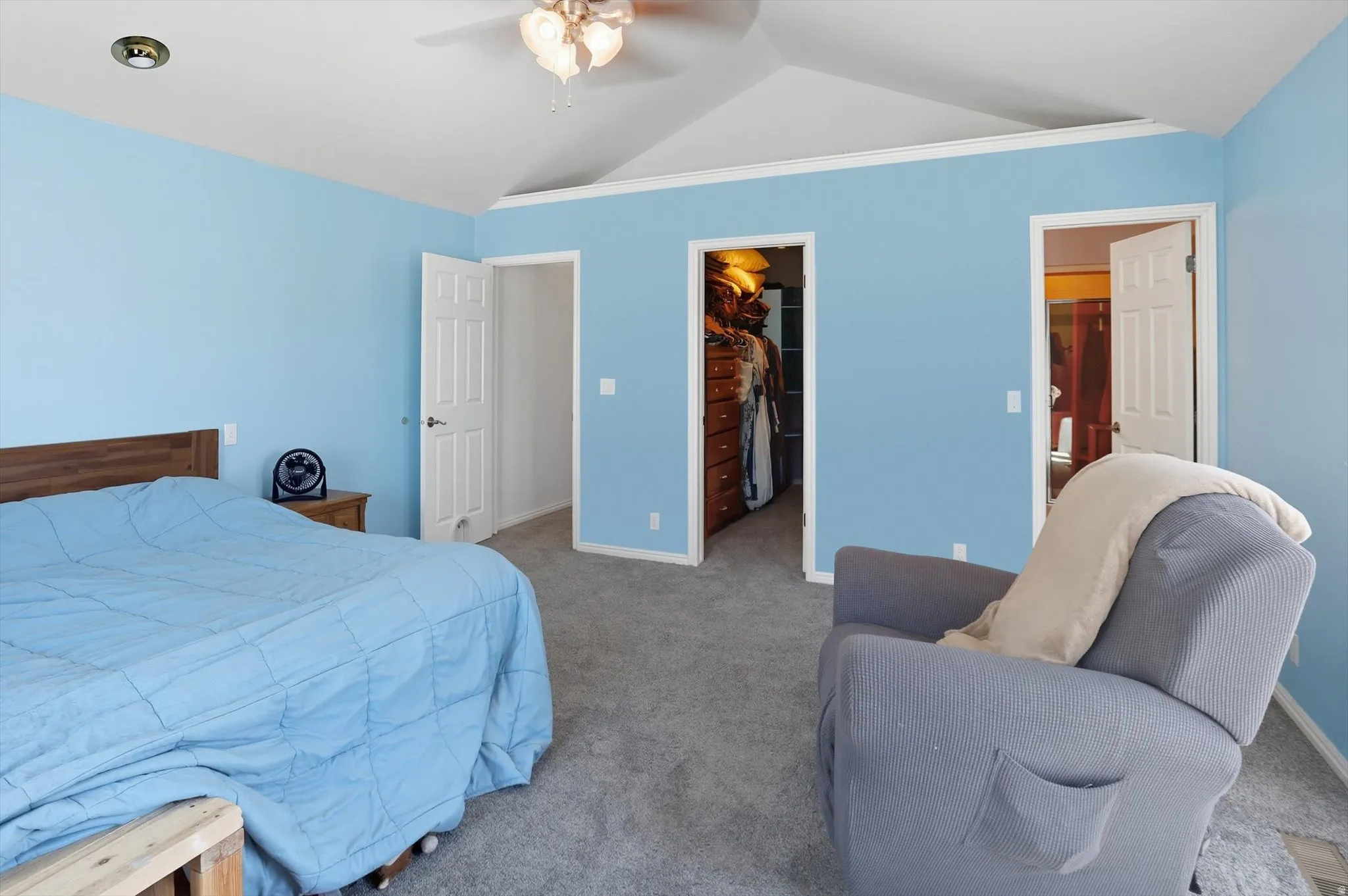 Bedroom featuring carpet floors, a walk in closet, and ceiling fan