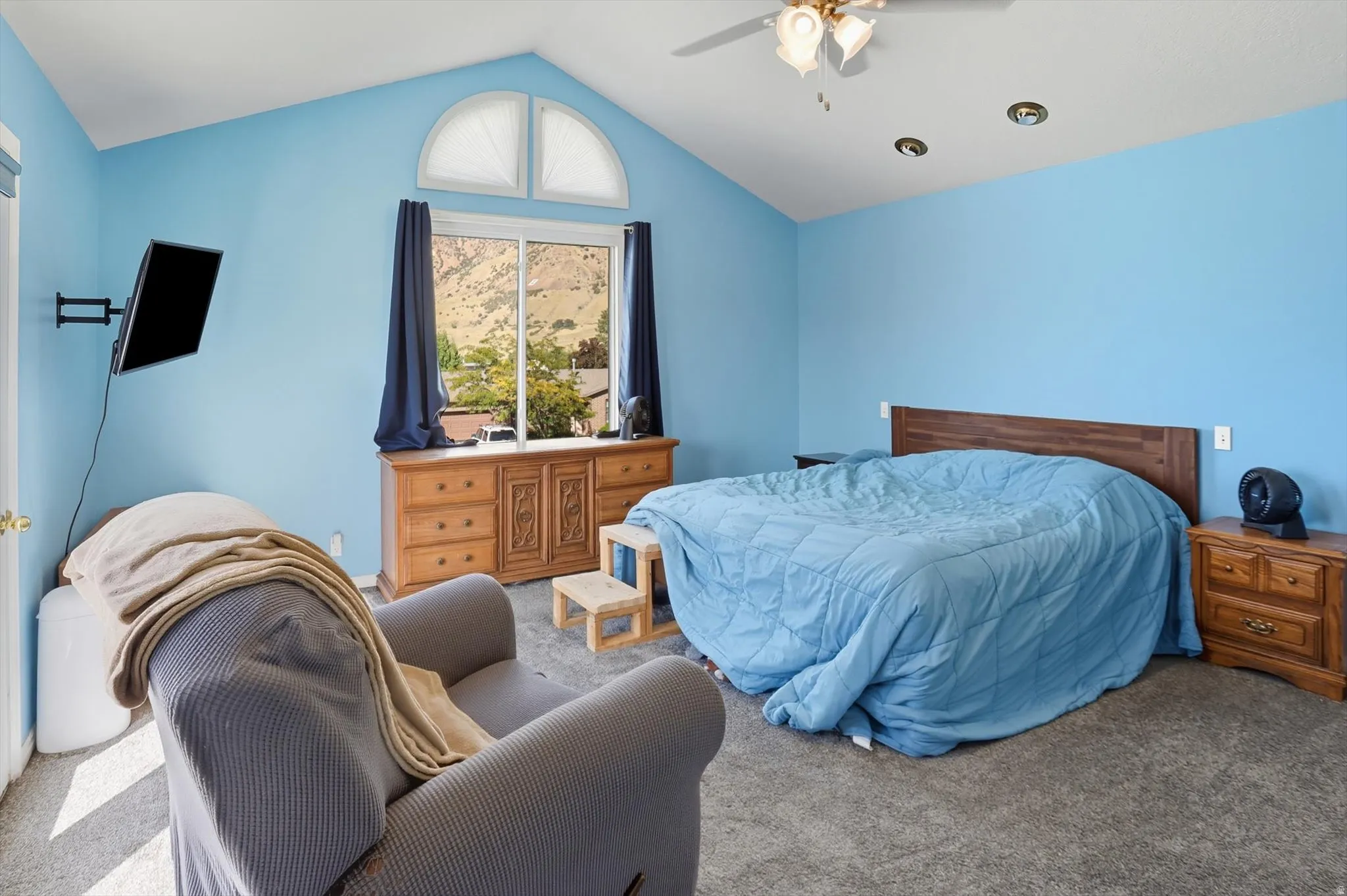 Carpeted bedroom with a ceiling fan