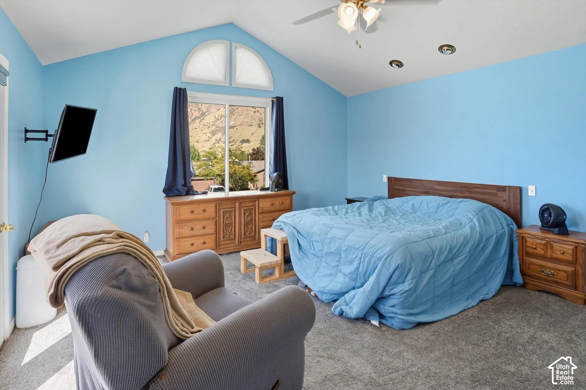 Carpeted bedroom with a ceiling fan