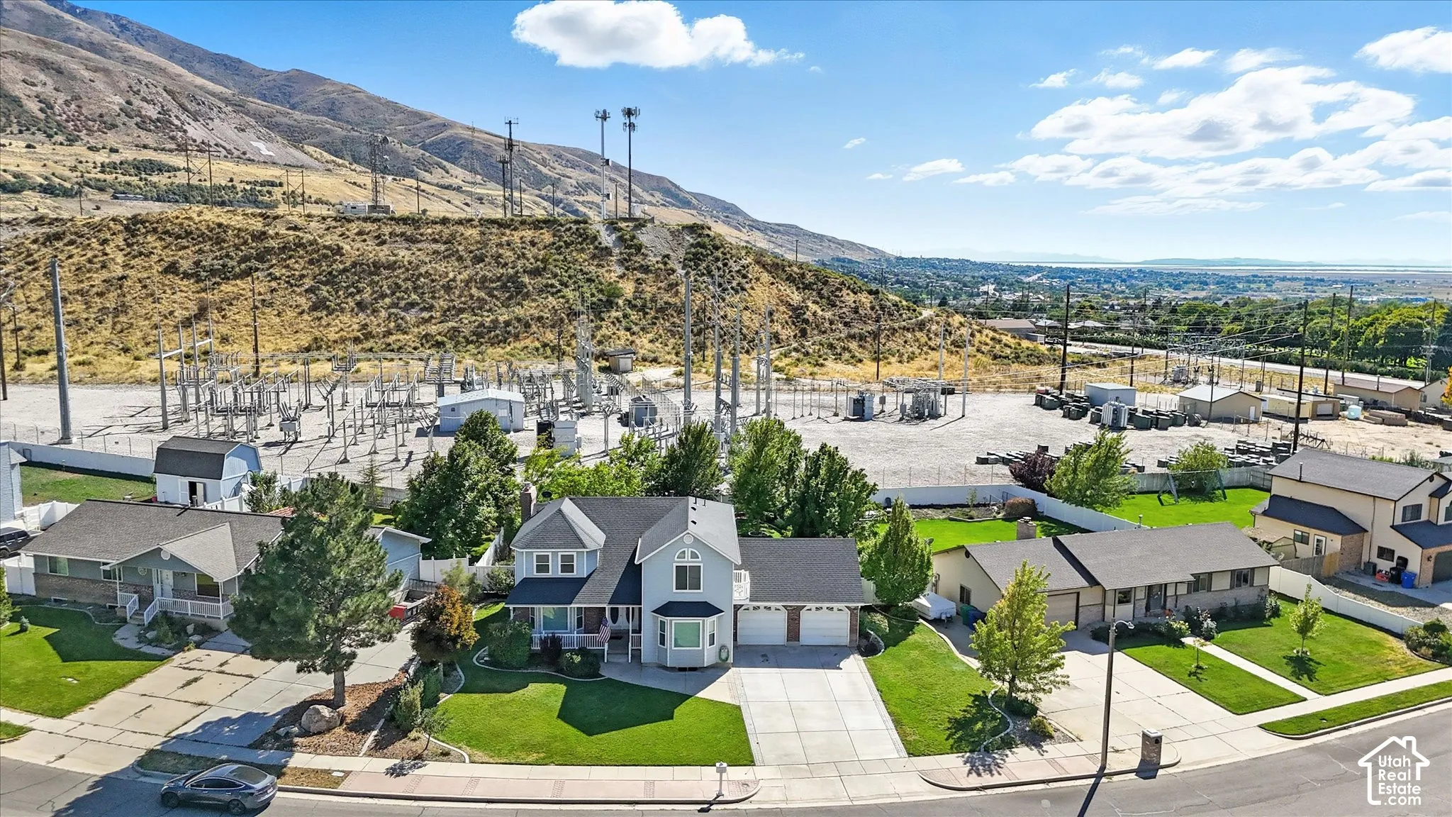 Aerial perspective of suburban area featuring mountains