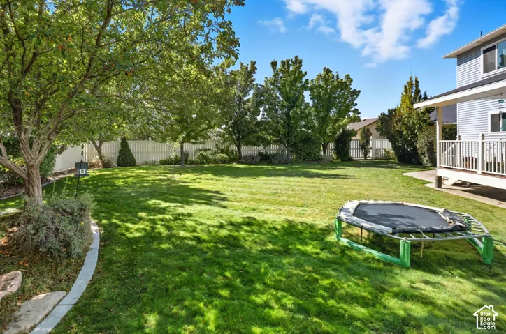 Fenced backyard featuring a trampoline