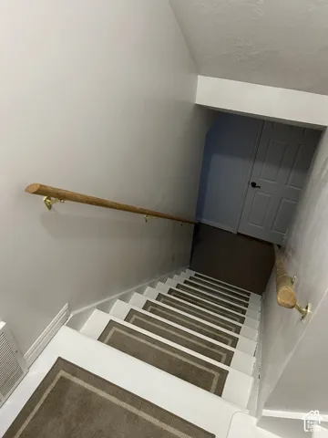 Staircase featuring white risers, carpeted treads, and wood-finish handrails with brass-tone hardware