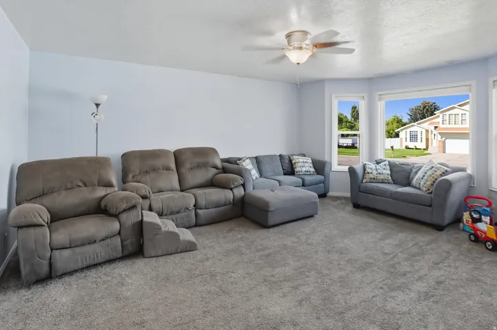 Carpeted living room featuring a ceiling fan and a textured ceiling