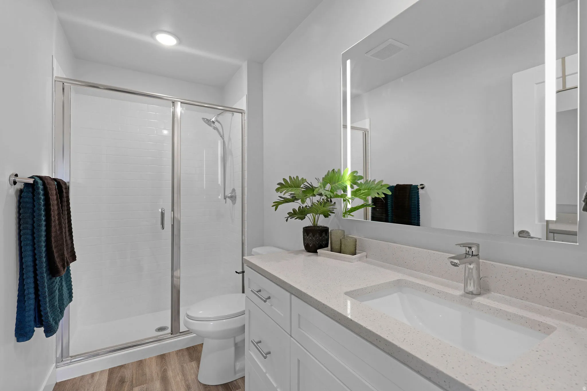 Bathroom featuring vanity, light wood-style floors, and a shower stall